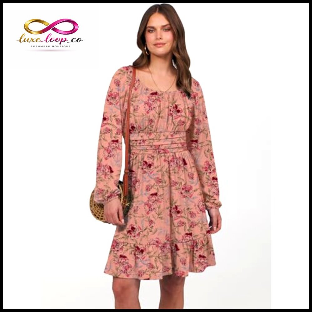 Long Sleeve Midi Dress A-Line Square Neck Elastic Waist Ruffle Hem - Picture 4 of 7